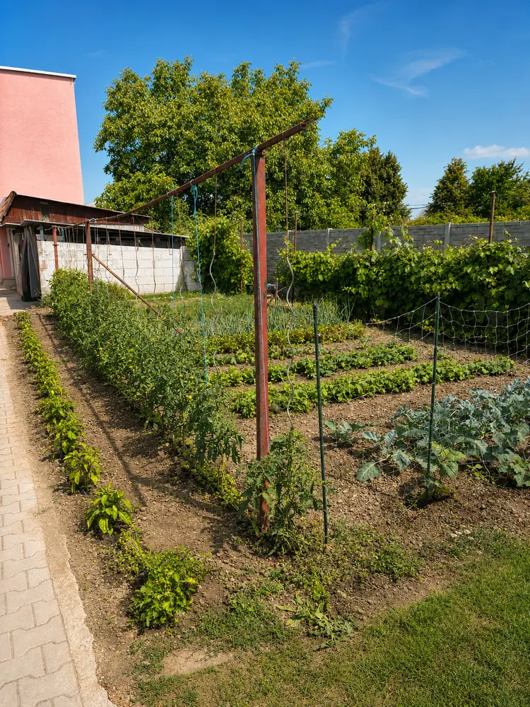 Zeleninová záhradka pri budove s riadkami vysadenej zeleniny